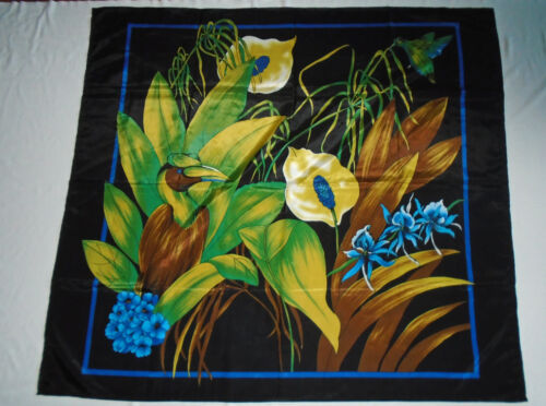 Vintage Nylon Scarf Cala Lilies Hummingbird Great Hornbill Bird 32"x36" - Picture 2 of 3