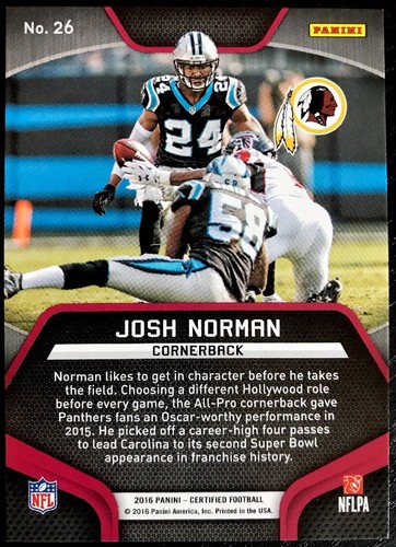 JOSH NORMAN - 2016 Certified SKILLS Insert #26 - CAROLINA PANTHERS - Picture 2 of 2