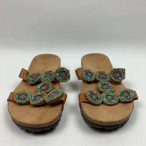 Italian Shoe Maker Tan Sandals Turquoise Bead T-Strap Open Toe Slide Size 6.5M - Picture 6 of 9