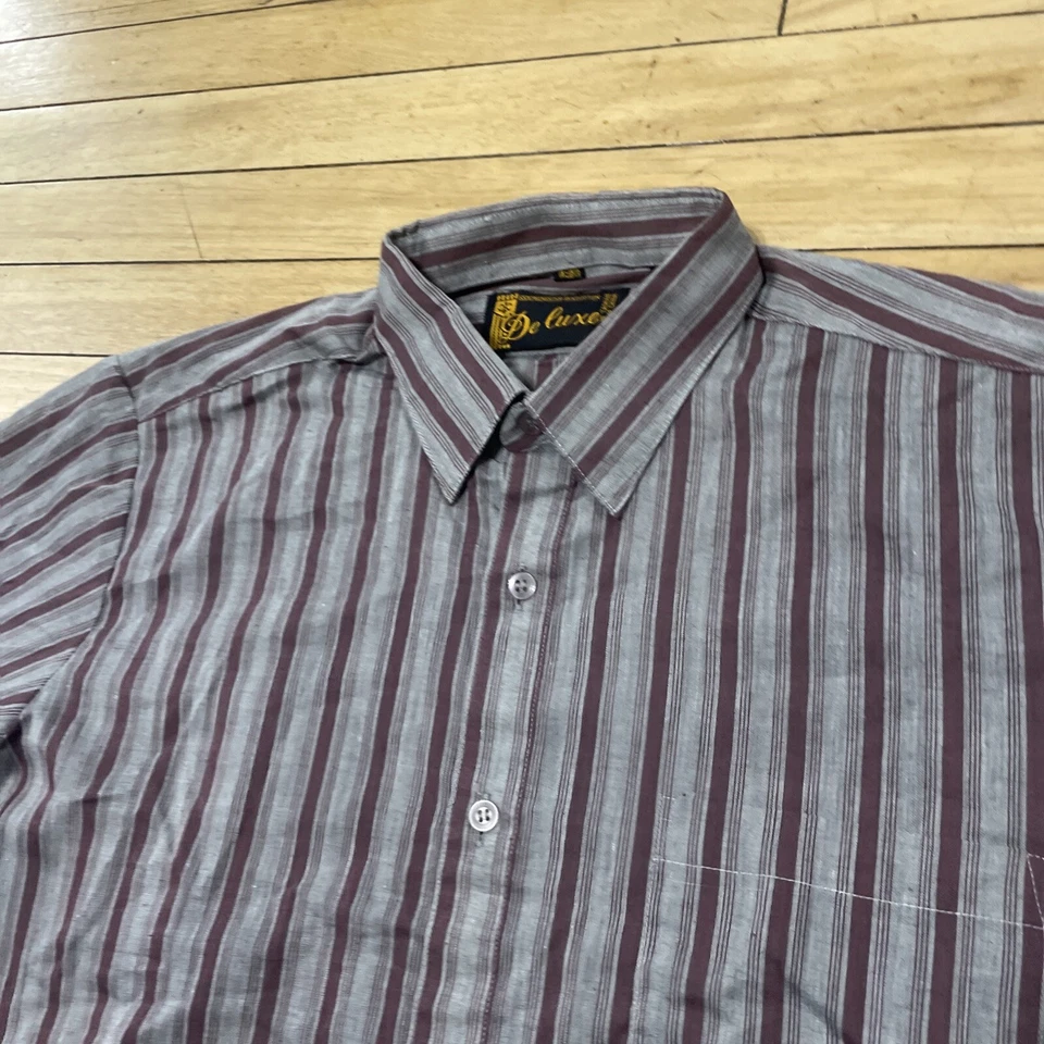 DELUXE VTG 80s 90s Shirt Men 15-15.5 M Gray Red Stripe Western Rockabilly 42" - Image 4 of 4