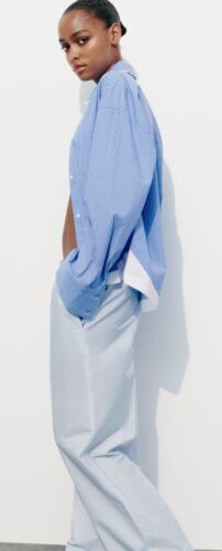Zara Woman's Combination Stripes Long Sleeve Poplin Blouse Blue/White XS Run Big - Picture 3 of 13