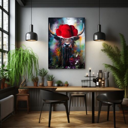 Hochland Rindvieh "Herbert" Streetart Leinwand 80x60 cm Bollenhut Graffiti - Bild 2 von 6