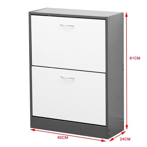 2 Drawer Shoe Cabinet Storage Cupboard Rack Wooden Footwear Stand Grey & White - Picture 9 of 9