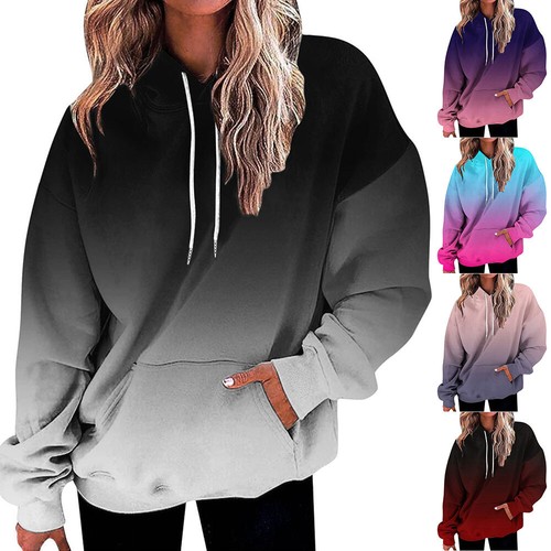 Womens 3D Gradient Hoodie Baggy Pullover Long Sleeve Tops Ladies Sweatshirt - Picture 1 of 17