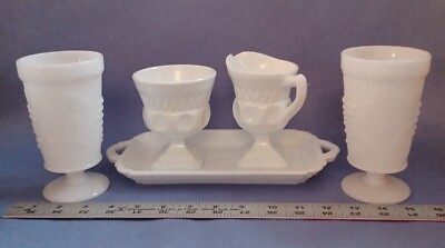 Lot of White Milk Glass Cream Sugar and Tray 3 pc set & 2 Wine Grape Goblets  