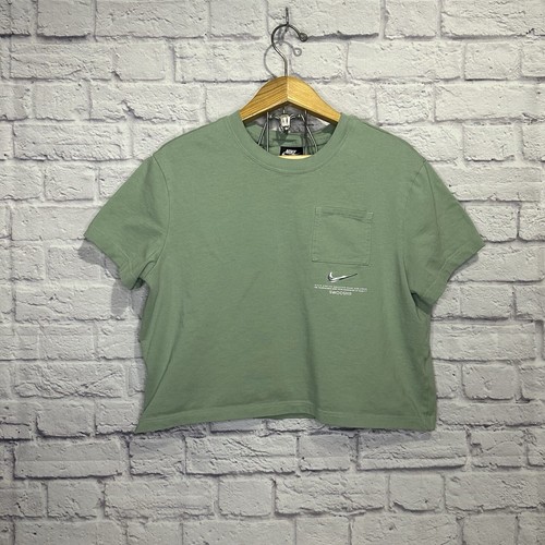 Nike T-Shirt Damen XL Grün Cropped Pocket Kurzarm Rundhals Tee Swoosh