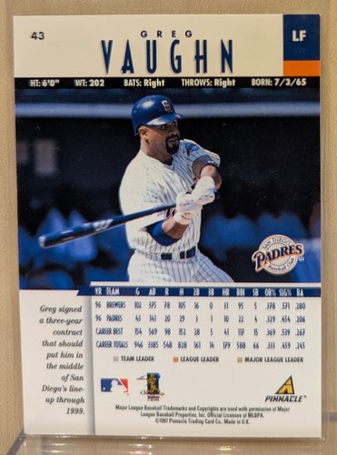 Nuevo Pinnacle Red Artist Proof #43 Greg Vaughn Padres 1997 raro paralelo de museo - Imagen 2 de 2