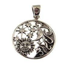Solid 925 Sterling Silver Sun, Crescent Moon,  Stars Celestial Waves Pendant