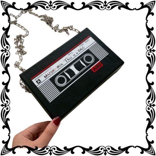 Women's 80'S Cassette Music Tape Purse Black Red Box Bag Silver Chain Crossbody - Picture 8 of 12