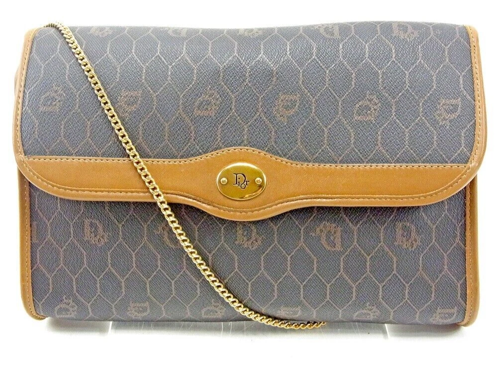 Sac bandoulière chaîne Christian Dior cuir nid d'abeille PVC marron or quincaillerie