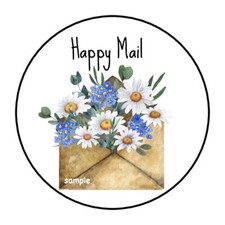 30 HAPPY MAIL FLORAL ENVELOPE SEALS LABELS STICKERS 1.5" ROUND DAISIES LETTER