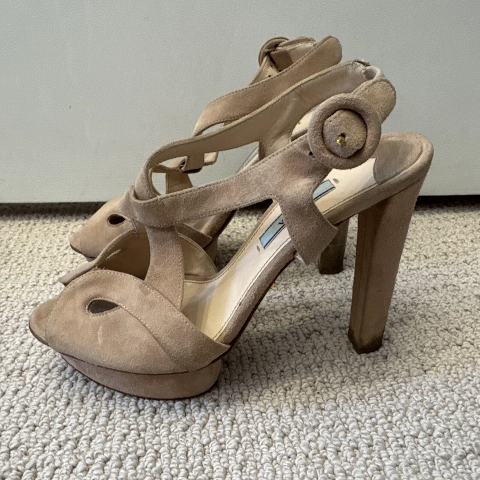 GREAT PRICE! Beige Prada 37.5 (US 7) Suede Platform Sandal Heels - Image 4 of 4