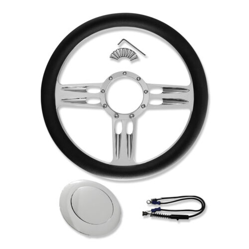 14" Chrome Aluminum 9 Holes Bullet Steering Wheel w/ Black Leather & Horn Button - Picture 2 of 9
