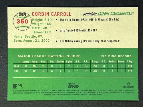 Corbin Carroll RC 2023 Topps Chrom Platin Jubiläum #350 Diamondbacks - Bild 2 von 2