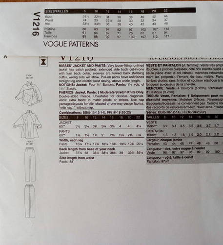 Pantalones chaqueta holgados 2010 Vogue Pattern V1216 para mujer Lynn Mizono diseñador 16-22 - Imagen 3 de 3