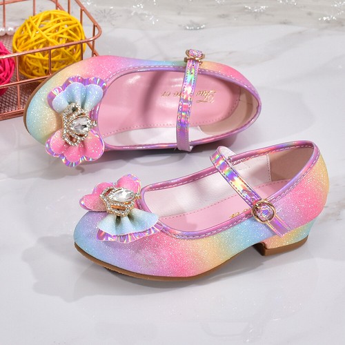 Kids Girls Party Wedding Mary Jane Rainbow Bow Sparkly Sandals Low Heel Shoes UK - Picture 20 of 23