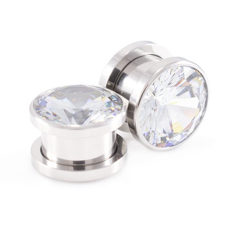 Pack of 4 Ear Plugs / Tunnels 2 Screw Fit with CZ Stone and 2 FREE Thin Silicone - Picture 4 of 8