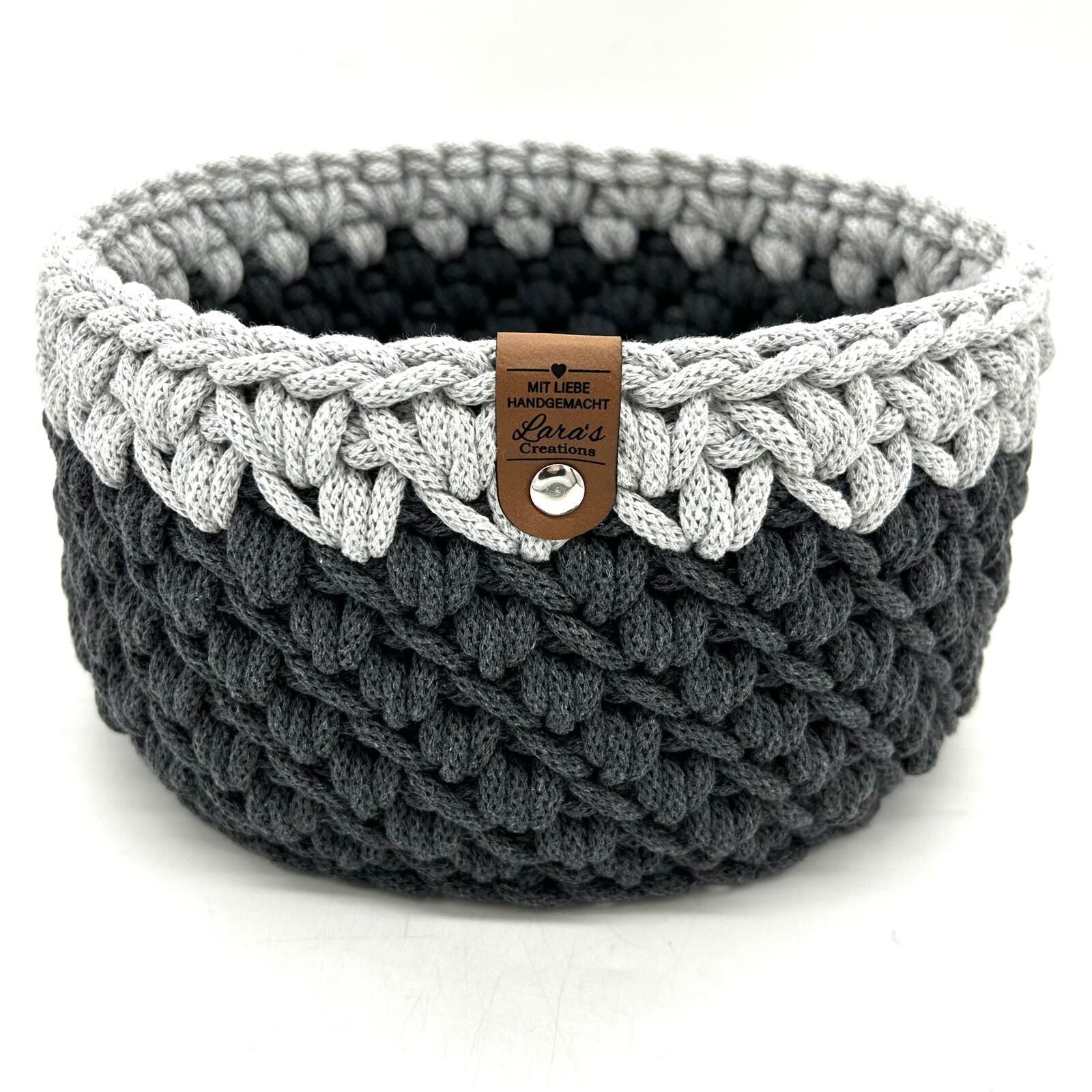 HANDMADE Häkelkorb aus Bobbiny Rope Garn Charcoal 24 x 13 cm Korb gehäkelt