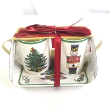 Spode 3 Pc Set Christmas Tree Porcelain Mugs & Melamine Tray by Pimpernel New