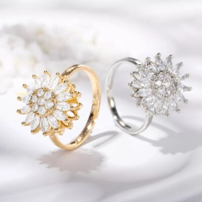 *UK* Gold & Silber Sonnenblume Spinning Fidget Anti Stress drehbarer Ring Einheitsgröße