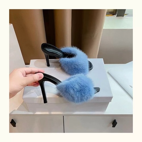 2025 New Mink Fur High Heel Womens Slim Heel Peep Toes Sexy High-heeled Slippers - Picture 5 of 32