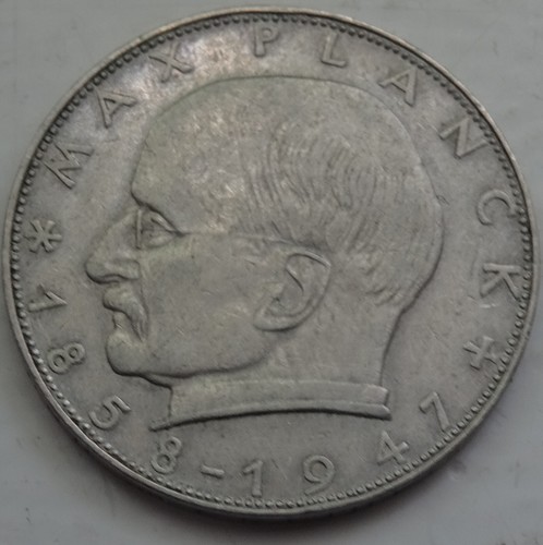 2 DM Bundesrepublik Deutschland Münze Max Planck, 1970, Prägung "D"