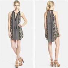 ASTR Black & Tan Floral Sleeveless V-Neck Tasseled Boho Mini Dress XS