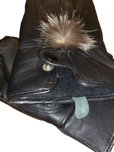 Womens Large Black Gloves Faux Lether Rabbit Fur Ball Puff - Picture 7 of 13