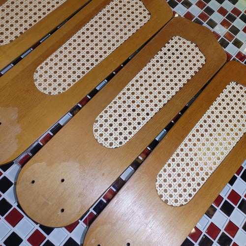READ ~ Vtg Ceiling Fan Blades Cane Wood Caning Inset Wicker Set Of 4 - Picture 3 of 24