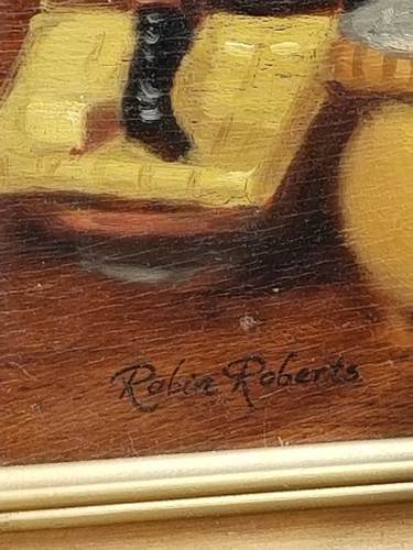 VINTAGE ORIGINA OIL PAINTING MUSICAL BOX TOY MUSICIANS ROBIN ROBERTS 16 X 13 " - Picture 8 of 12