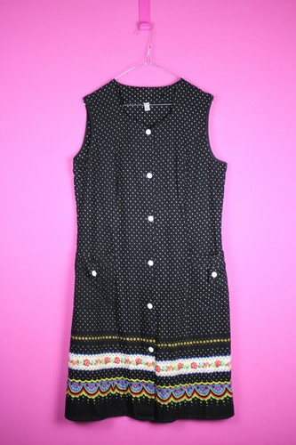 VINTAGE 70s 80s Black Dot Spot White Knee Boho Retro Cotton Dress Medium 14 - Picture 2 of 11