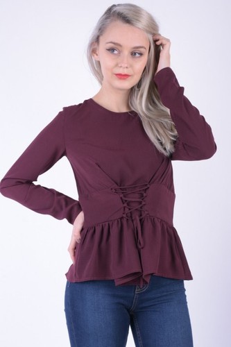 Camicetta/top donna nuovo con etichette beige peplo manica lunga corsetto stringato - M - Foto 2 di 6