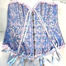 Bustier Corset Top Blue Pink Ribbon Lace Up Boned Lingerie Women's Medium EUC