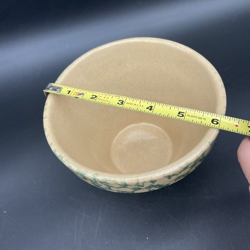 Vintage RRP Co Roseville Ohio Pottery 4” Tall Green & Tan Spongeware Bowl - Picture 7 of 7
