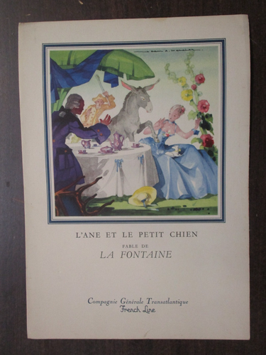 VINTAGE ILE DE FRANCE CRUISE DINNER MENU 1957 L'ANE ET LE PETIT CHIEN MERCIER - Picture 1 of 3