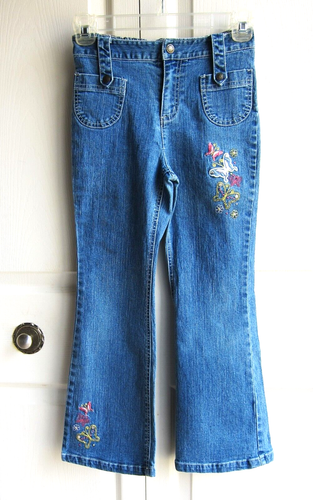 Faded Glory Stretch Girls Flare Jeans Size 7 Embroidered Inseam 22" - MINT