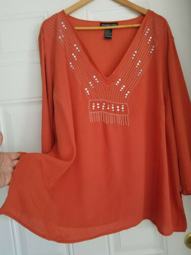 Marianne Damen-Bluse 100 % Rayon orange bestickt verziert lose fließende Bluse 2X - Bild 7 von 12