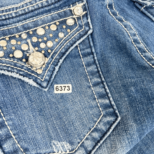 Pantalones de mezclilla Miss Me para mujer 28 azul lavado oscuro ajustados con tachuelas bigotes bolsillos - Imagen 12 de 12