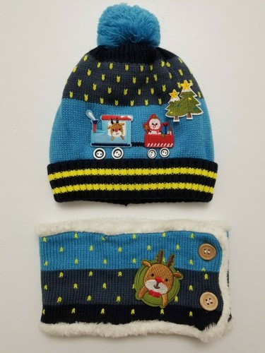 Kids Blue Pompom Christmas Knitted Fleece Winter Warm Ski Beanie Hat Neck Warmer - Picture 1 of 6