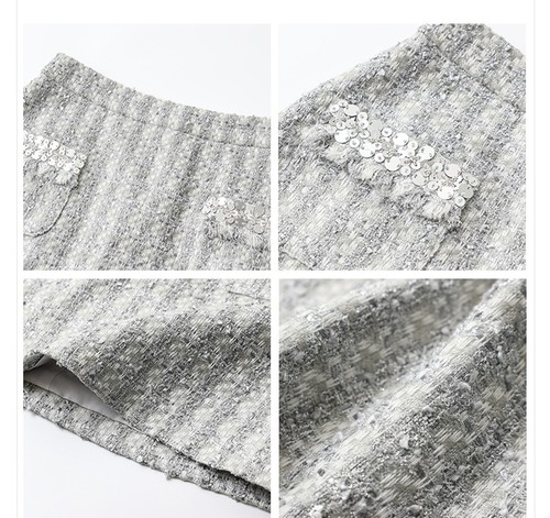 Conjunto de 2 piezas de diseño de lentejuelas estilo francés para mujer Top falda corta abrigo tweed calce ajustado - Imagen 18 de 23