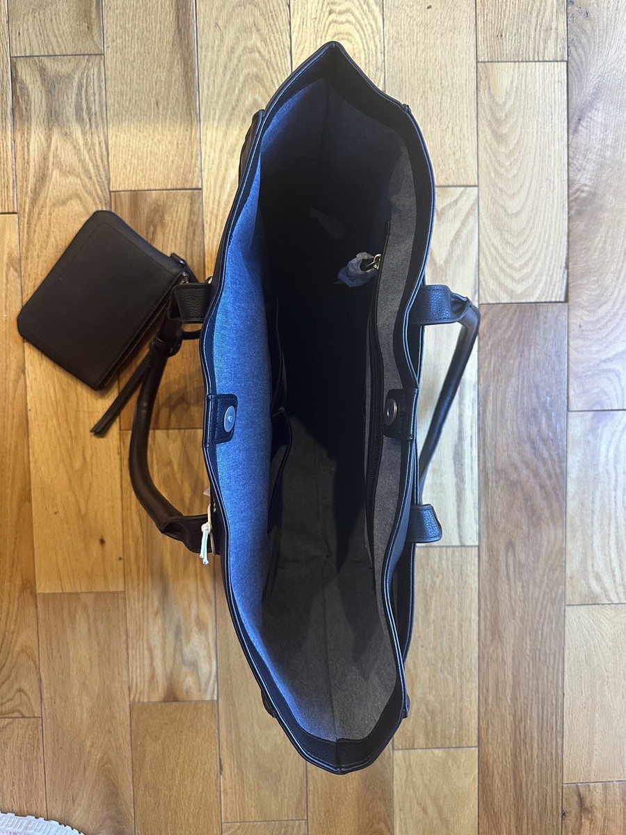 Lucky Brand Black Leather Tote Shoulder Bag Handbag w Detachable Zip Coin Purse