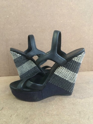 Burberry Black Leather Women's Wedge Shoes Size 37 Made In Italy - Picture 8 of 12