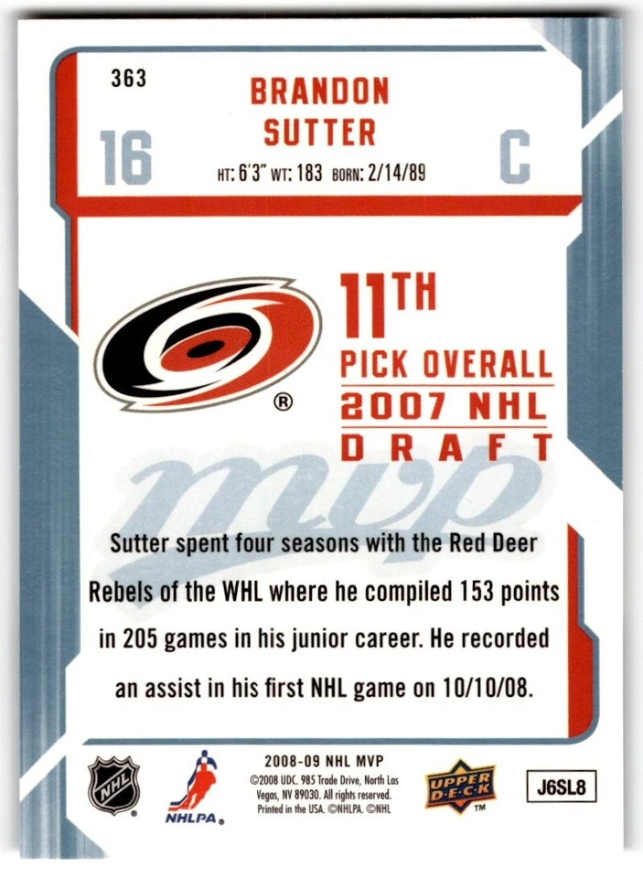 2008-09 Upper Deck MVP Brandon Sutter Rookie #363 Carolina Hurricanes - Image 2 of 2