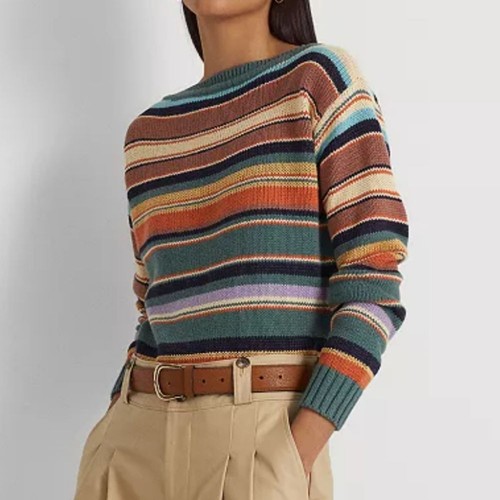 Lauren Ralph Lauren Womens Striped Cotton-Linen Boat neck Sweater Multi color XS - Picture 8 of 8