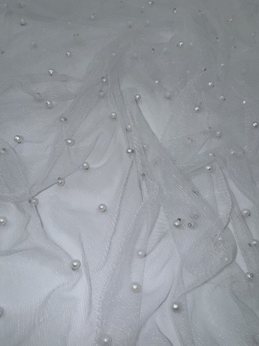 1 mtr white pearl beaded tulle net bridal dress fabric..58” wide (147cm) - Picture 3 of 4