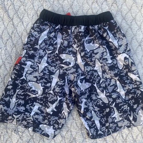 Adidas Boys Swim Suit Trunks Shorts Sz L Black White Red With Shark Prints - Picture 2 of 8
