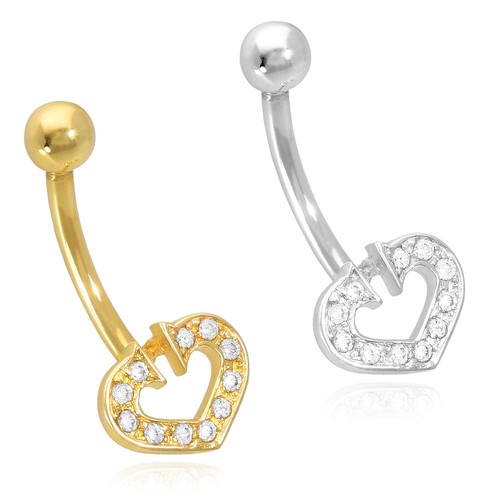 14K White Gold CZ Heart Horseshoe Belly Navel Ring - Imagen 2 de 18