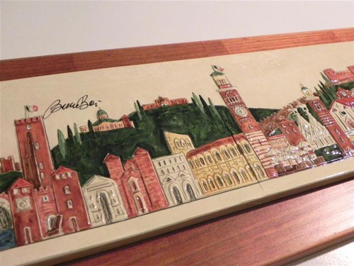 BRUNO BOVI QUADRO FORMELLE CERAMICA VERONA CHIESE MONUMENTI A COLORI LEGNO 20X63 - Foto 4 di 5