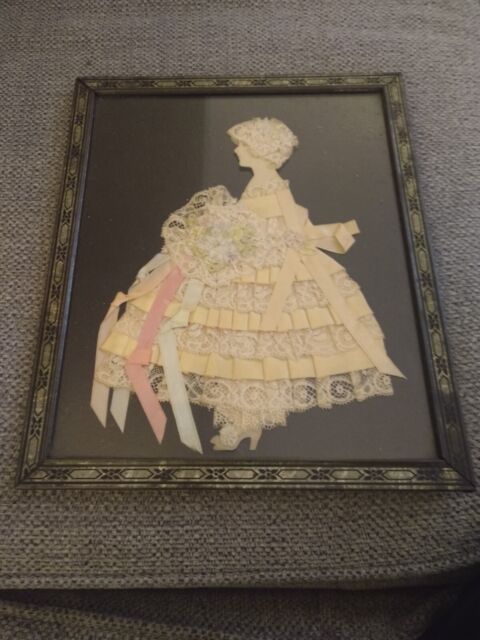 Vintage Framed Under Glass Fabric Dressed Paper Doll Handmade Lace And Ribbons Vintage Framed Under Glass Fabric Dressed Paper Doll Handmade Lace And Ribbons