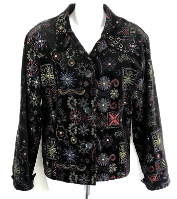 Chicos Retro Velour Velvet Jacket 2 Blk Embroidered Button Grunge psychedelic